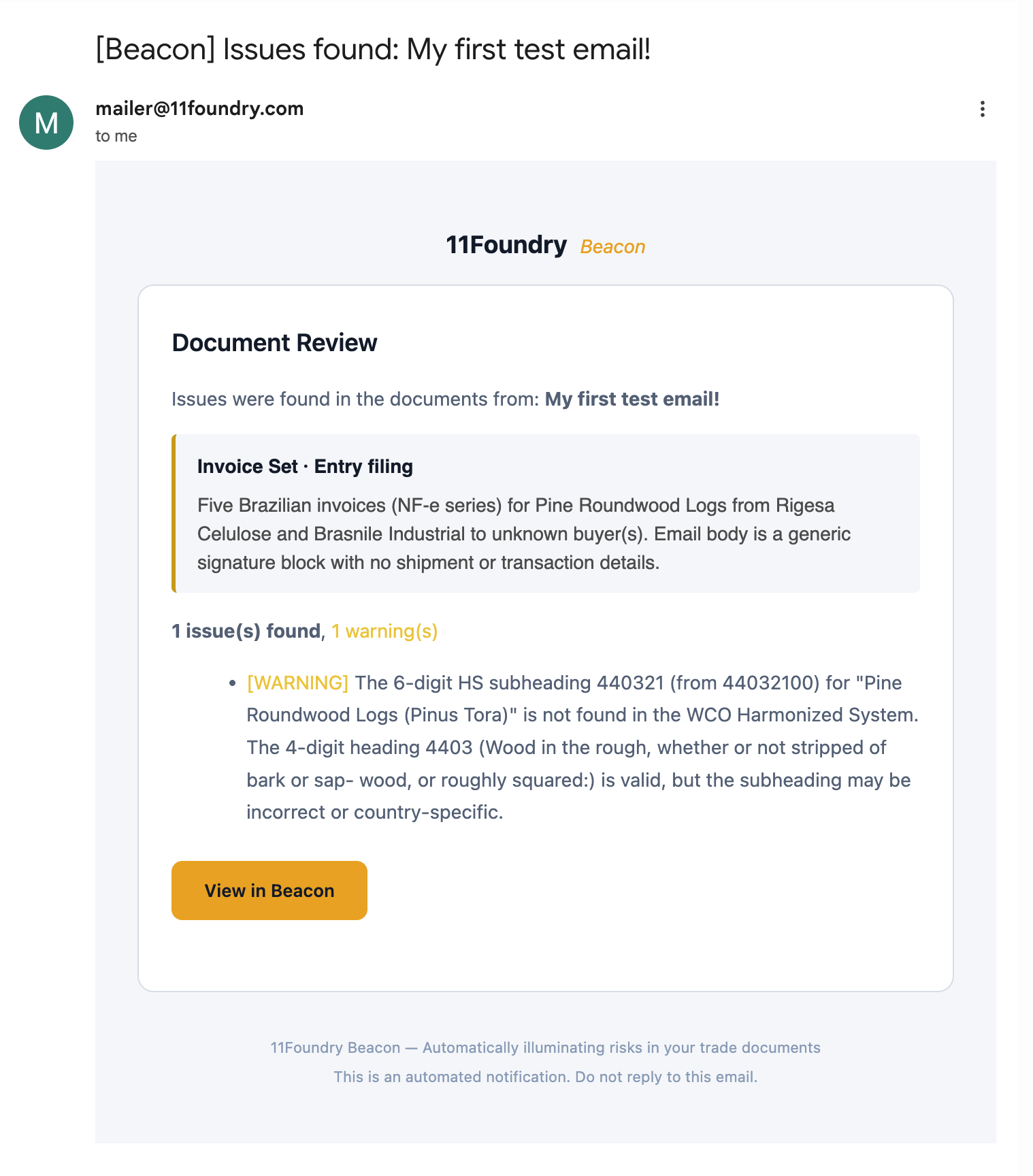 Beacon notification email summarizing findings from a supplier email and linking back to the dashboard