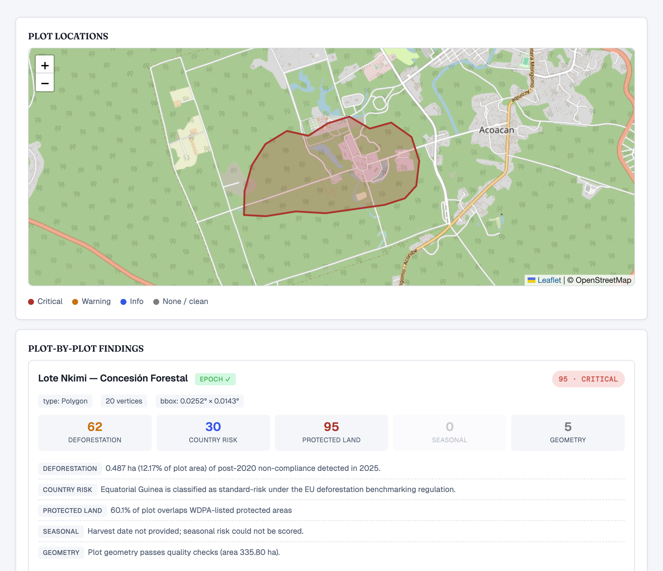 Beacon forest risk finding showing geospatial scoring with severity badges and data-quality indicators