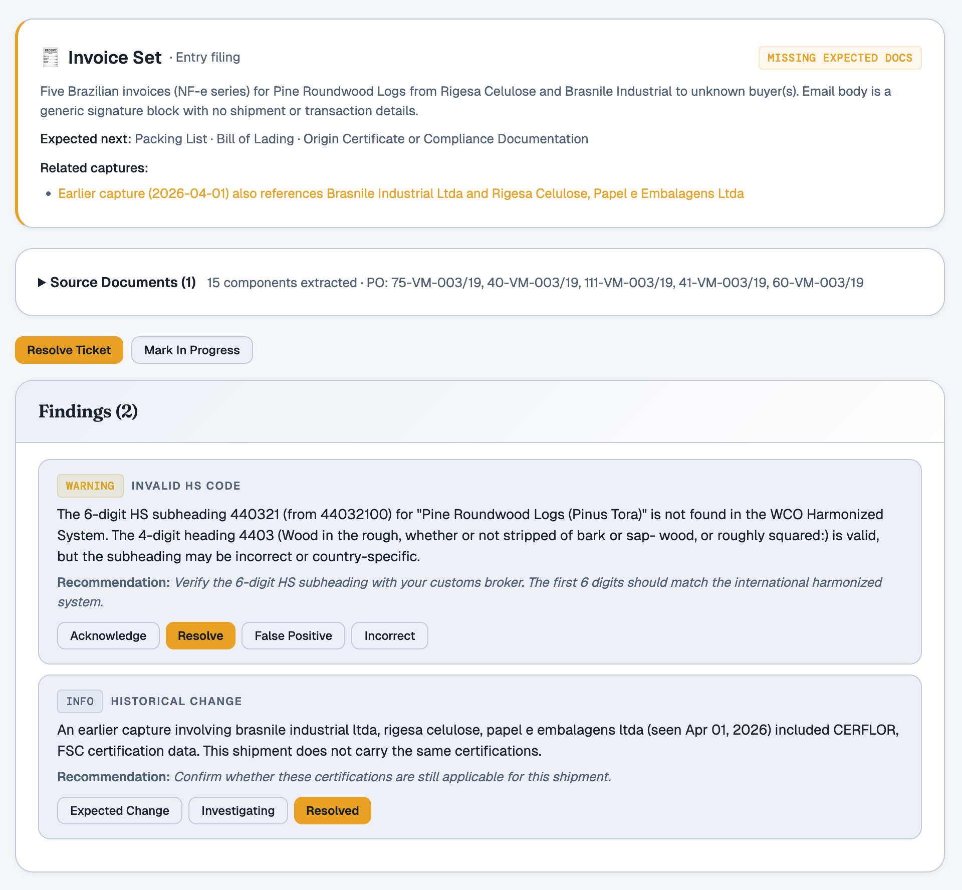Beacon ticket detail showing critical and warning findings flagged across a supplier email's attachments